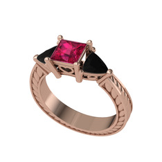 Prenses Tria Yüzük - Rodolit garnet ve siyah zirkon 8 ayar rose altın yüzük #172cddx