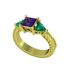 Ametist ve yeşil kuvars 14 ayar altın yüzük