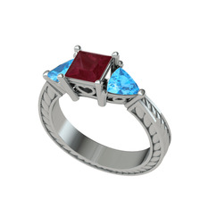 Prenses Tria Yüzük - Kök yakut ve akuamarin 14 ayar beyaz altın yüzük #17a49bh