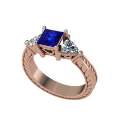 Prenses Tria Yüzük - Lab safir ve swarovski 925 ayar rose altın kaplama gümüş yüzük #183eqt3