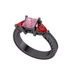Prenses Tria Yüzük - Pembe kuvars ve garnet 925 ayar siyah rodyum kaplama gümüş yüzük #18ok3es