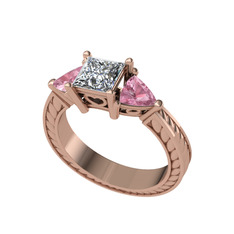 Prenses Tria Yüzük - Swarovski ve pembe kuvars 8 ayar rose altın yüzük #1907jlv