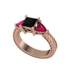 Prenses Tria Yüzük - Siyah zirkon ve rodolit garnet 14 ayar rose altın yüzük #1bqbocz