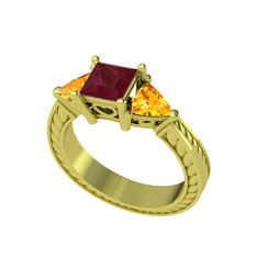 Prenses Tria Yüzük - Kök yakut ve sitrin 14 ayar altın yüzük #1bw6ux2