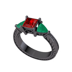 Prenses Tria Yüzük - Garnet ve kök zümrüt 925 ayar siyah rodyum kaplama gümüş yüzük #1ceffwb