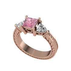 Pembe kuvars ve beyaz zirkon 14 ayar rose altın yüzük