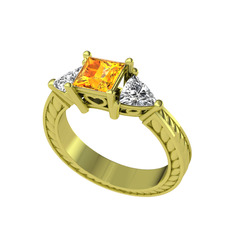 Prenses Tria Yüzük - Sitrin ve beyaz zirkon 18 ayar altın yüzük #1d76mk3