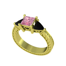 Pembe kuvars ve siyah zirkon 14 ayar altın yüzük