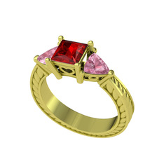 Prenses Tria Yüzük - Garnet ve pembe kuvars 14 ayar altın yüzük #1eh21du
