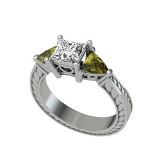 Prenses Tria Yüzük - Beyaz zirkon ve peridot 18 ayar beyaz altın yüzük #1eww0sn