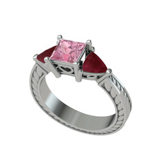 Pembe kuvars ve kök yakut 14 ayar beyaz altın yüzük