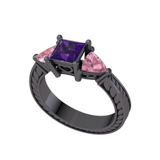 Prenses Tria Yüzük - Ametist ve pembe kuvars 925 ayar siyah rodyum kaplama gümüş yüzük #1fate7w