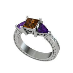 Prenses Tria Yüzük - Dumanlı kuvars ve ametist 8 ayar beyaz altın yüzük #1gdze0j