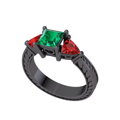 Prenses Tria Yüzük - Yeşil kuvars ve garnet 925 ayar siyah rodyum kaplama gümüş yüzük #1jr53bz