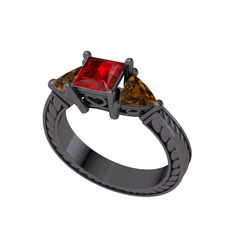 Prenses Tria Yüzük - Garnet ve dumanlı kuvars 925 ayar siyah rodyum kaplama gümüş yüzük #1jwq3ot