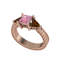 Prenses Tria Yüzük - Pembe kuvars ve dumanlı kuvars 18 ayar rose altın yüzük #1jx11kb