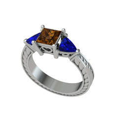 Prenses Tria Yüzük - Dumanlı kuvars ve lab safir 8 ayar beyaz altın yüzük #1koyllo