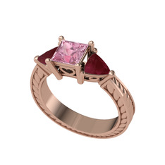 Prenses Tria Yüzük - Pembe kuvars ve kök yakut 14 ayar rose altın yüzük #1llvs23