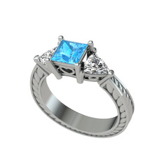 Prenses Tria Yüzük - Akuamarin ve beyaz zirkon 14 ayar beyaz altın yüzük #1mowwms
