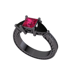 Rodolit garnet ve siyah zirkon 925 ayar siyah rodyum kaplama gümüş yüzük