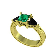 Prenses Tria Yüzük - Yeşil kuvars ve siyah zirkon 14 ayar altın yüzük #1o1490m
