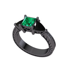 Prenses Tria Yüzük - Yeşil kuvars ve siyah zirkon 925 ayar siyah rodyum kaplama gümüş yüzük #1qhnunh