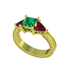 Prenses Tria Yüzük - Yeşil kuvars ve kök yakut 8 ayar altın yüzük #1qmhkrq