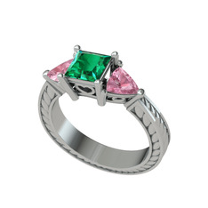 Prenses Tria Yüzük - Yeşil kuvars ve pembe kuvars 14 ayar beyaz altın yüzük #1qyg51p