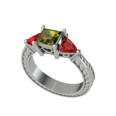 Peridot ve garnet 14 ayar beyaz altın yüzük