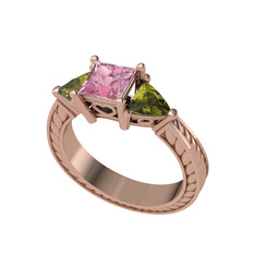 Prenses Tria Yüzük - Pembe kuvars ve peridot 925 ayar rose altın kaplama gümüş yüzük #1rorl95