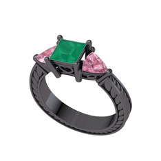 Prenses Tria Yüzük - Kök zümrüt ve pembe kuvars 925 ayar siyah rodyum kaplama gümüş yüzük #1s8kt8w