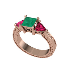 Prenses Tria Yüzük - Kök zümrüt ve rodolit garnet 18 ayar rose altın yüzük #1sdlkrt