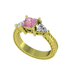 Pembe kuvars ve beyaz zirkon 8 ayar altın yüzük