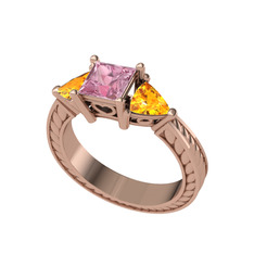 Pembe kuvars ve sitrin 14 ayar rose altın yüzük