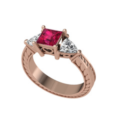 Prenses Tria Yüzük - Rodolit garnet ve beyaz zirkon 14 ayar rose altın yüzük #1vol1mb