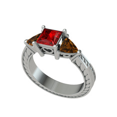 Prenses Tria Yüzük - Garnet ve dumanlı kuvars 18 ayar beyaz altın yüzük #1wnmsn3