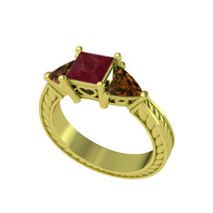 Prenses Tria Yüzük - Kök yakut ve dumanlı kuvars 14 ayar altın yüzük #1wu20m3