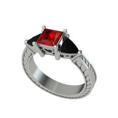 Garnet ve siyah zirkon 18 ayar beyaz altın yüzük