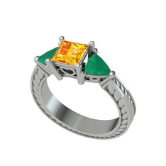Prenses Tria Yüzük - Sitrin ve kök zümrüt 925 ayar gümüş yüzük #4xtlsy