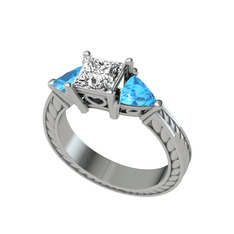 Prenses Tria Yüzük - Beyaz zirkon ve akuamarin 925 ayar gümüş yüzük #69ngtr