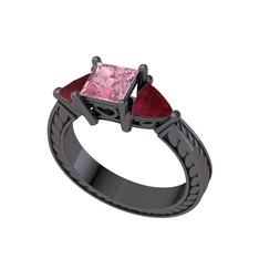 Prenses Tria Yüzük - Pembe kuvars ve kök yakut 925 ayar siyah rodyum kaplama gümüş yüzük #6x6lyk