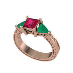 Prenses Tria Yüzük - Rodolit garnet ve kök zümrüt 8 ayar rose altın yüzük #7cj25i