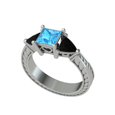 Prenses Tria Yüzük - Akuamarin ve siyah zirkon 925 ayar gümüş yüzük #7ju6ib