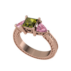 Peridot ve pembe kuvars 14 ayar rose altın yüzük