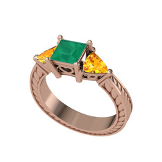 Kök zümrüt ve sitrin 14 ayar rose altın yüzük