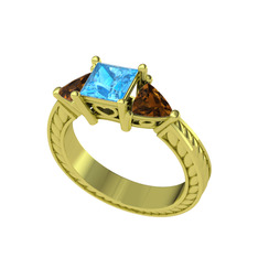 Prenses Tria Yüzük - Akuamarin ve dumanlı kuvars 18 ayar altın yüzük #cm58xk