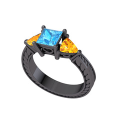Prenses Tria Yüzük - Akuamarin ve sitrin 925 ayar siyah rodyum kaplama gümüş yüzük #dl22ap