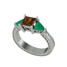 Dumanlı kuvars ve kök zümrüt 14 ayar beyaz altın yüzük