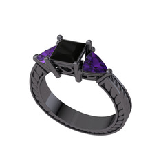 Prenses Tria Yüzük - Siyah zirkon ve ametist 925 ayar siyah rodyum kaplama gümüş yüzük #fnr2xc