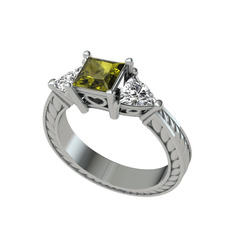 Prenses Tria Yüzük - Peridot ve beyaz zirkon 14 ayar beyaz altın yüzük #gffvz6